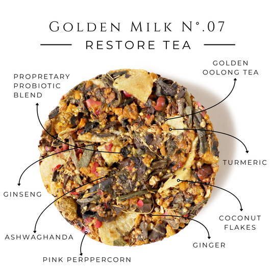 Golden Milk No. 7 | Turmeric Ginger Tea with Coconut & Ashwagandha | Caffeine-Free Tea Discs | Probiotic Blend
